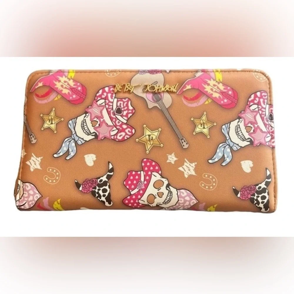 🩷☠️ BETSEY JOHNSON Western Cowboy Skull Print Zip Around Wristlet/Wallet🩷☠️NWT